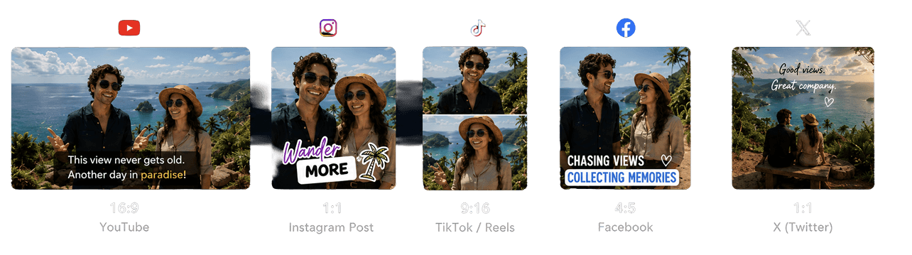 The same clip reframed as YouTube 16:9, Instagram 1:1, TikTok 9:16, Facebook 4:5, and X posts